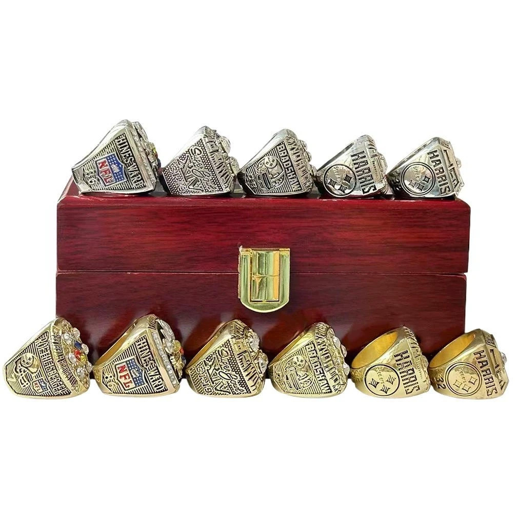 6PCS Pittsburgh Steelers Super Bowl Championship Ring Set W/ Wooden Display Box