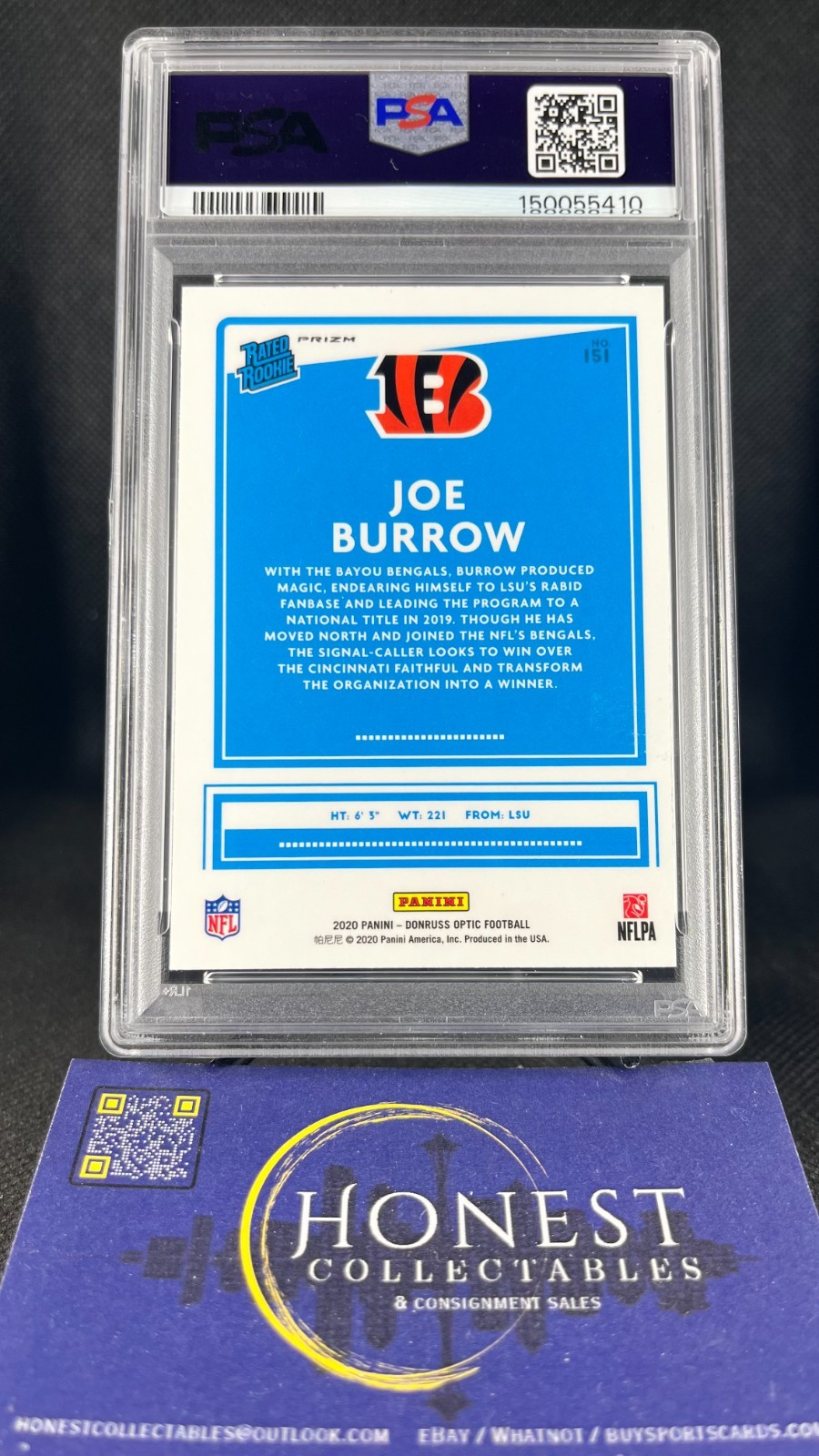 Joe Burrow (RC) Grade PSA 8 – 2020 Panini Optic Holo Prizm Rookie #151