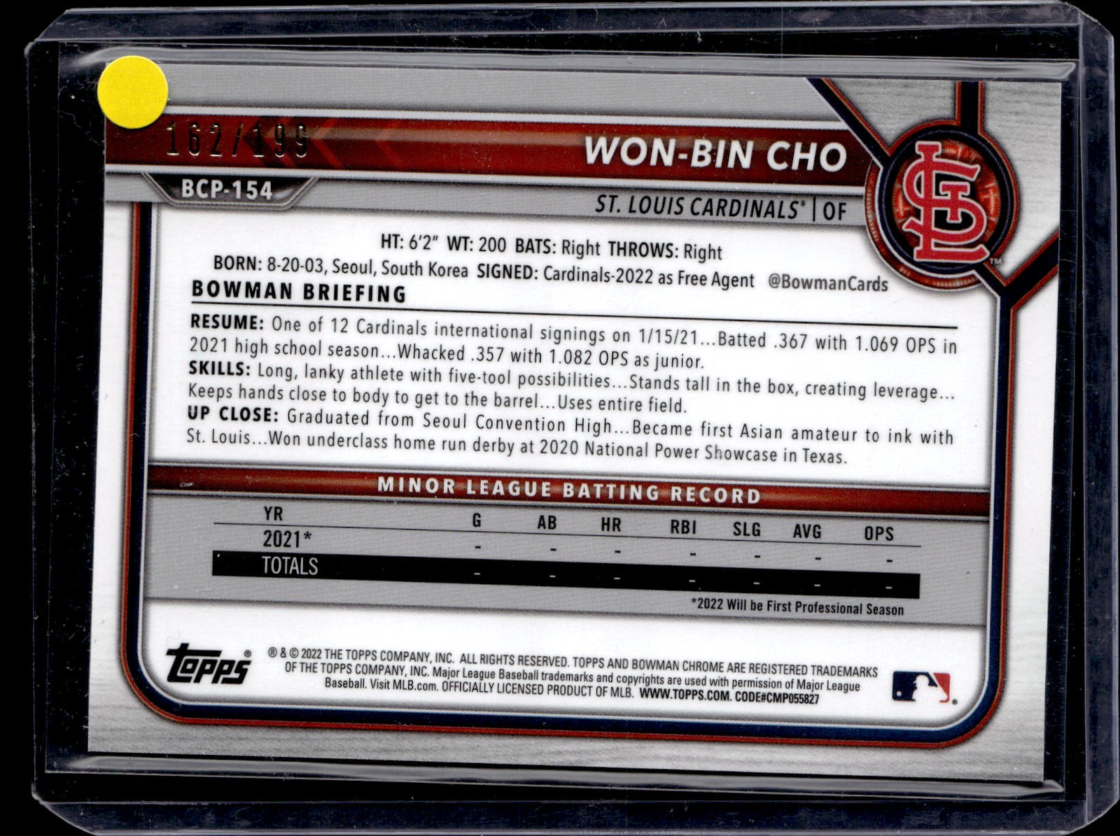 2022 Bowman Chrome #BCP-154 Won-Bin Cho Fuchsia/Pink Vapor Refractor #/199