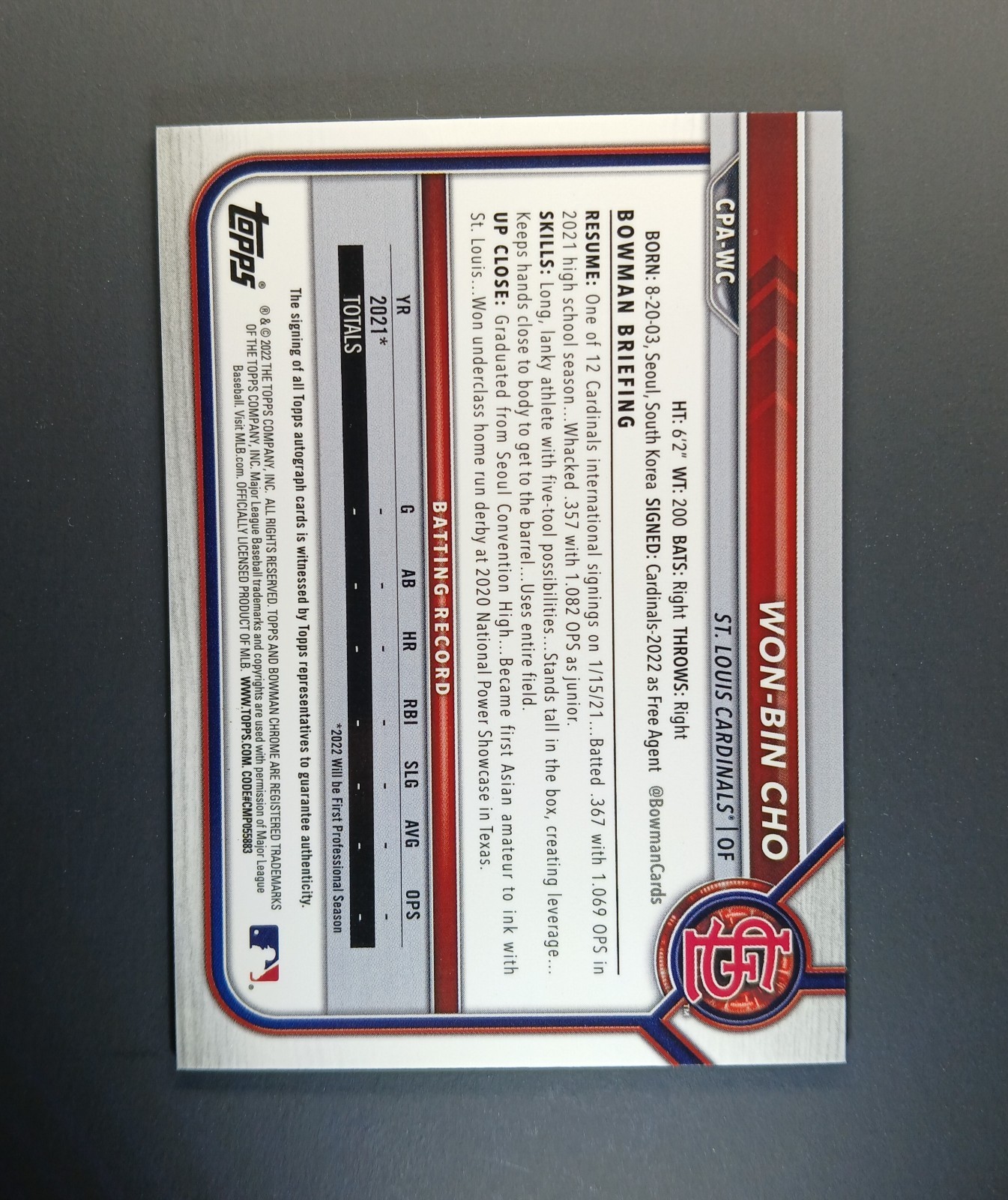 Won-Bin Cho Auto /150 2022 Bowman Chrome 1st Blue HTA Mojo Refractor Autograph