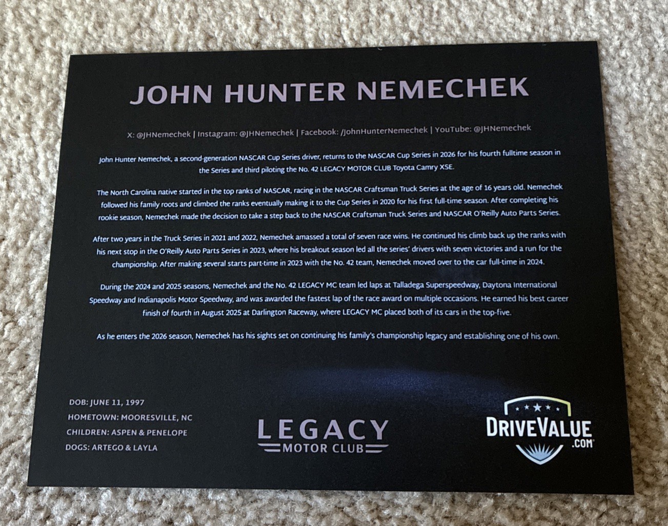 Nascar Driver #42 John Hunter Nemechek Drive Value 2026 Postcard