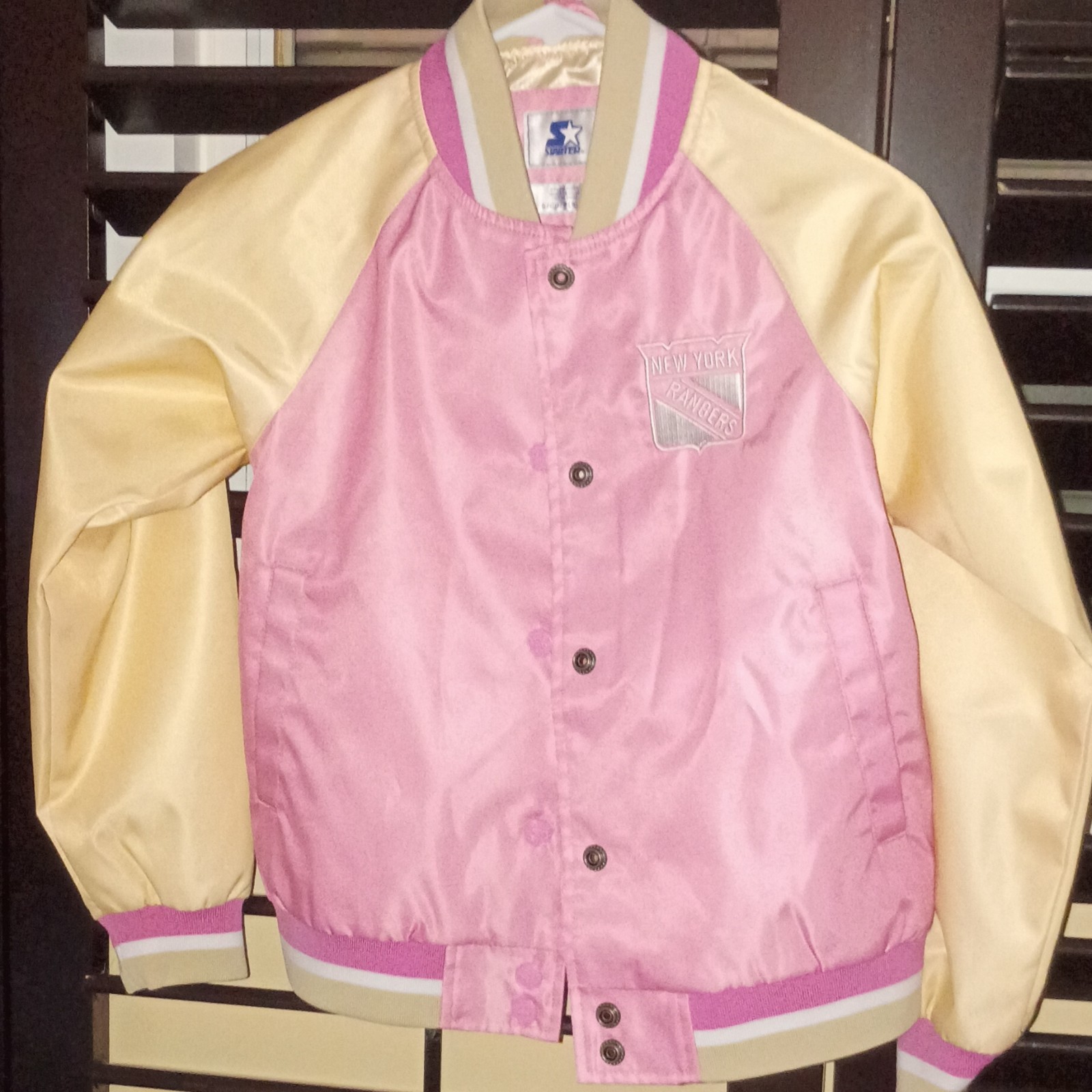 Starter New York Rangers Hockey Pink & Beige Satin Snap-Front Jacket
