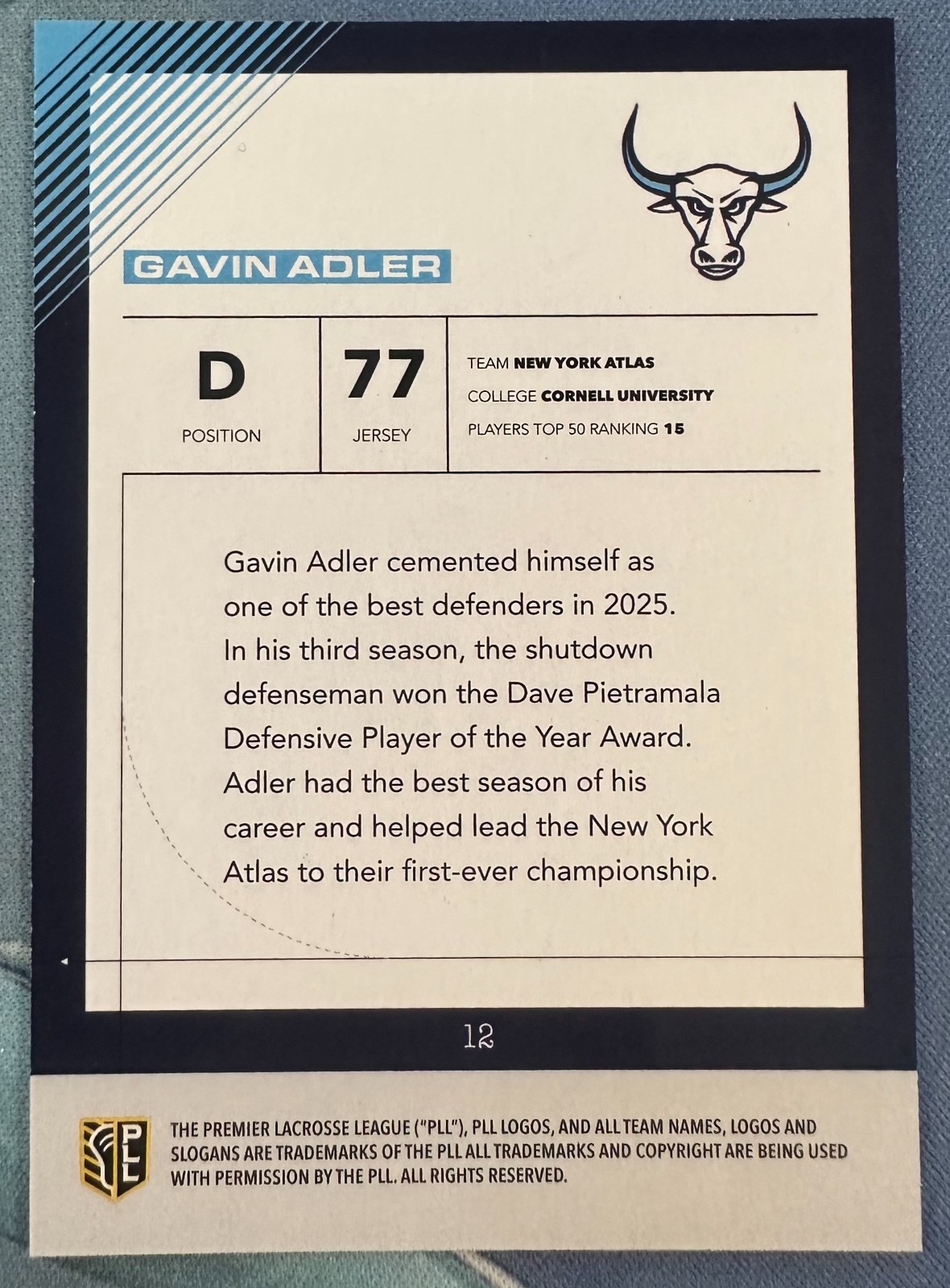 GAVIN ADLER 2026 PREMIER LACROSSE PLL FIELDSIDE II BLACK & WHITE AUTO #12 #11/50