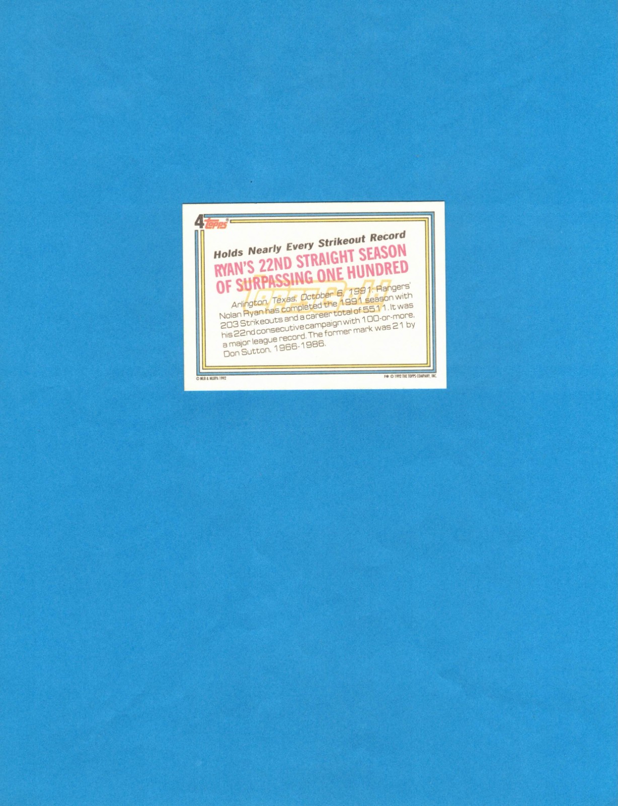 1992 Topps #4 Nolan Ryan Record Breaker GOLD Winner Card! Texas Rangers!
