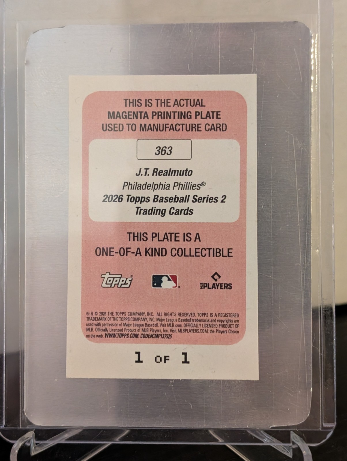 2026 Topps Series 2 – JT Realmuto #363 Magenta Printing Plate 1/1