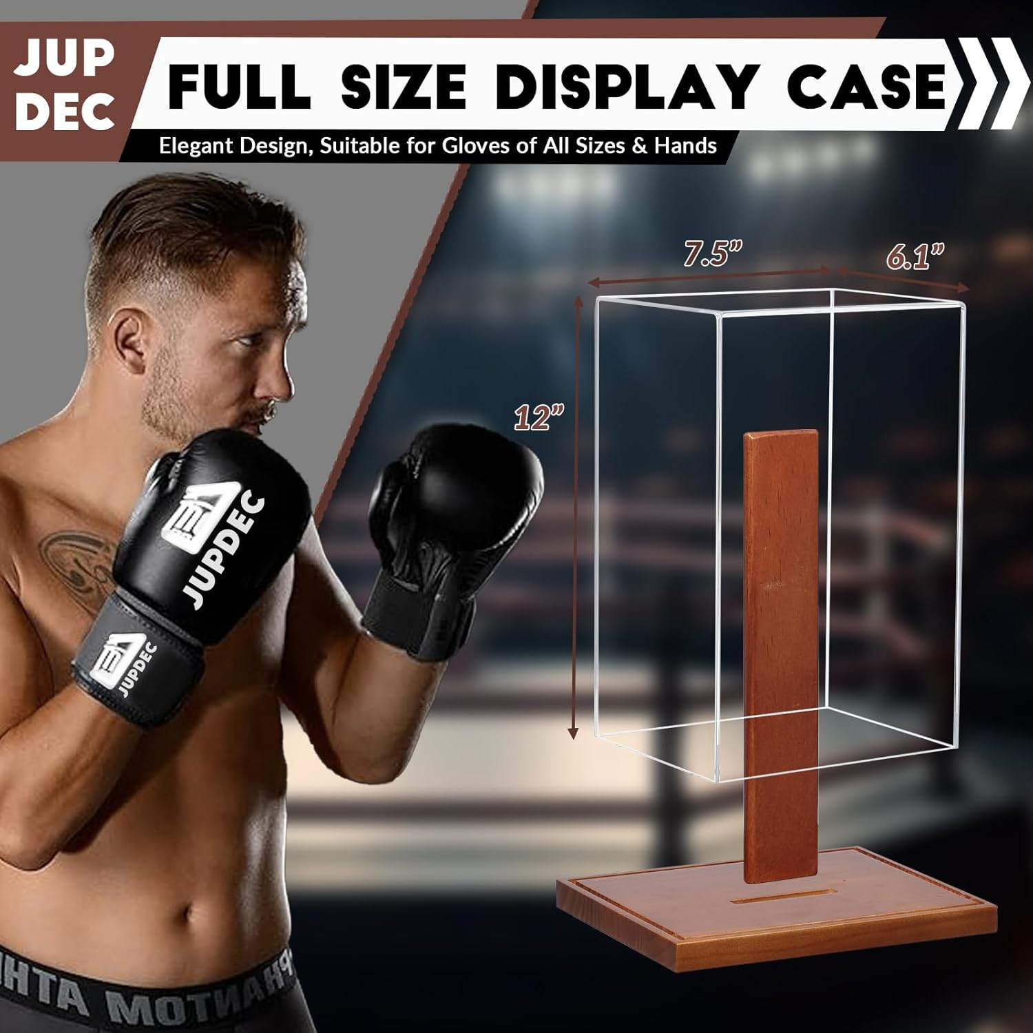 Boxing Glove Display Case, Clear Acrylic Showcase with Wood Base & Plank for Sin