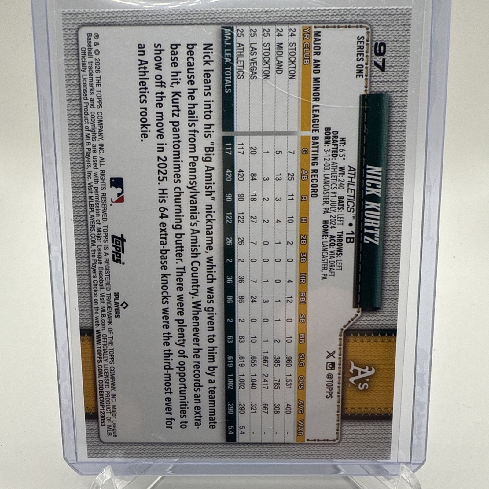 2026 Topps Series 1 Nick Kurtz RC Aqua Rainbow Holo Foil Parallel Rookie Oakland
