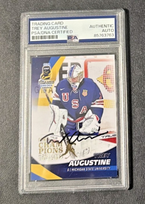 Trey Augustine Michigan State signed 2024 USA WJC hockey card Red Wings PSA#