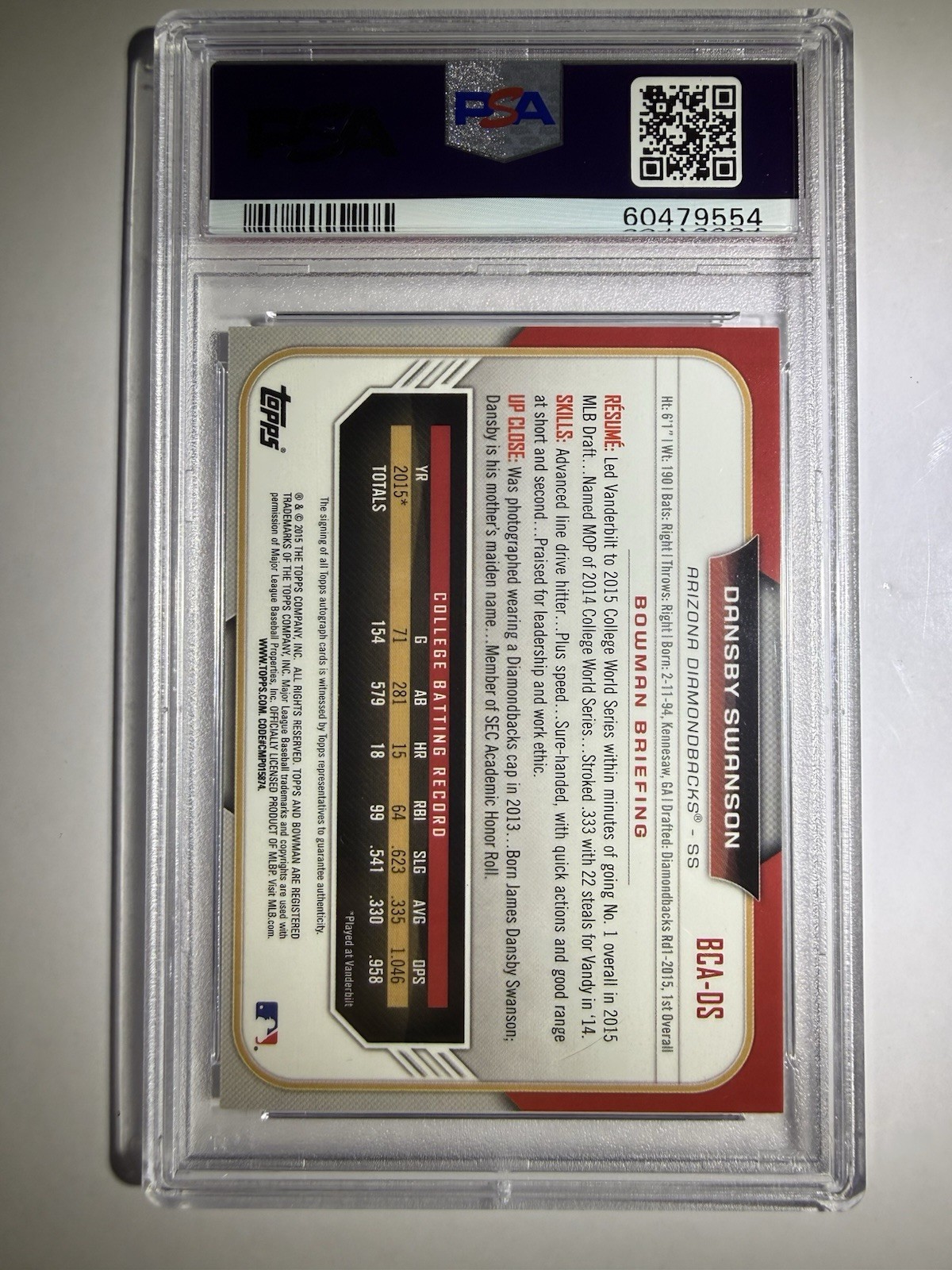 2015 Bowman Chrome DP Dansby Swanson Diamondbacks RC Rookie AUTO PSA 9 CUBS!!!🔥