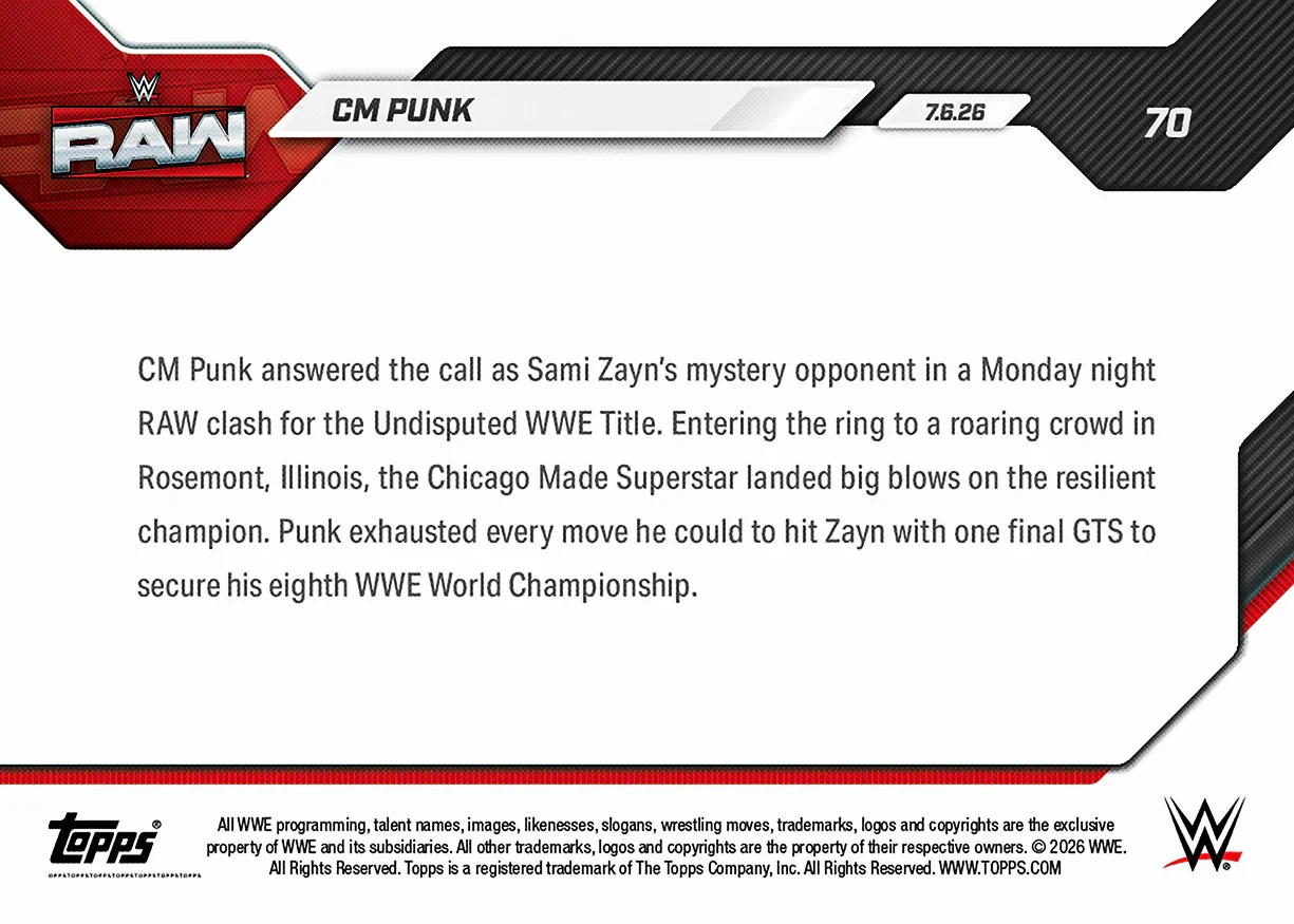 CM Punk 8th World Championship – 2026 WWE Topps NOW – Card 70 Presale