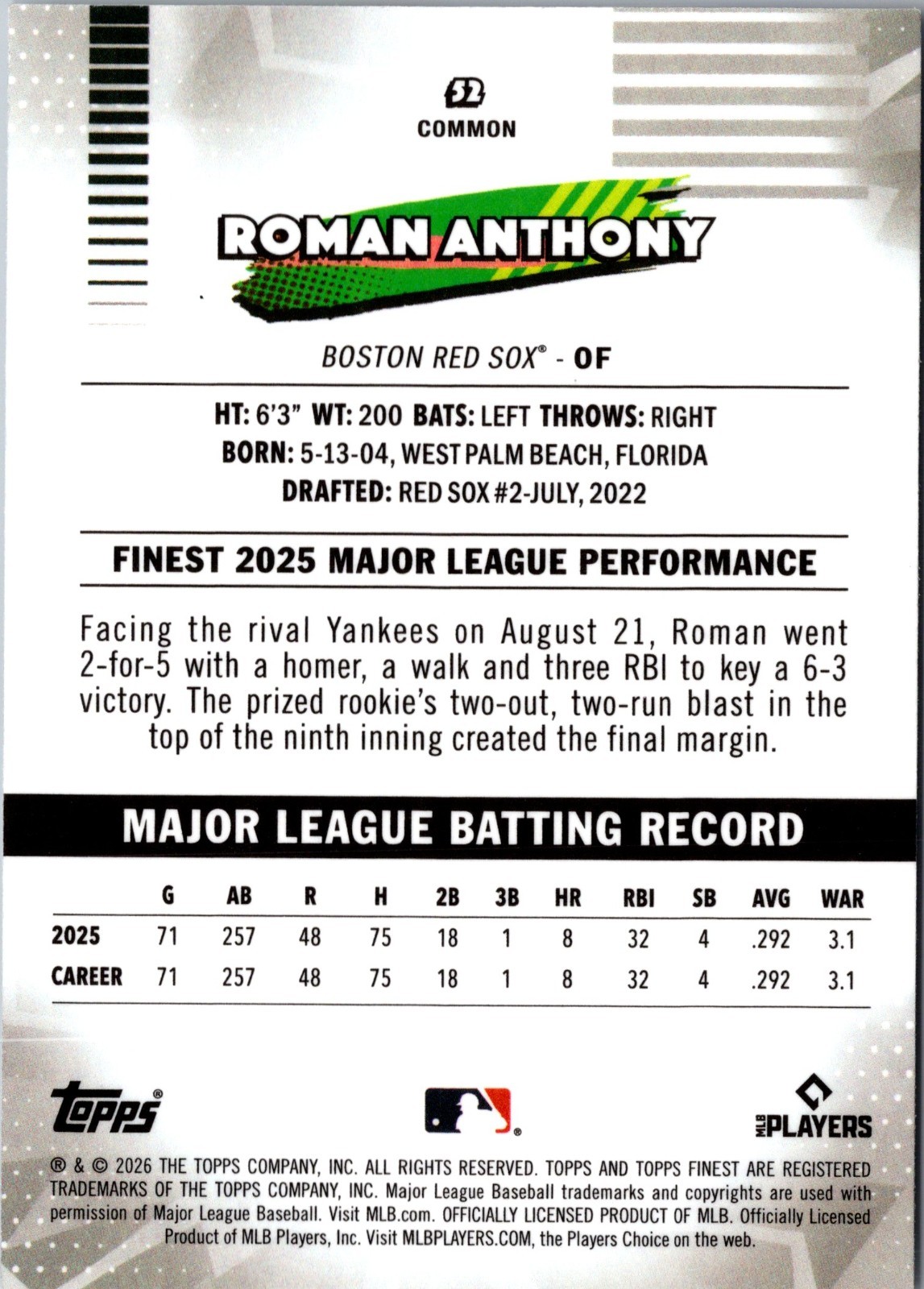 2026 Topps Finest Roman Anthony RC ROOKIE