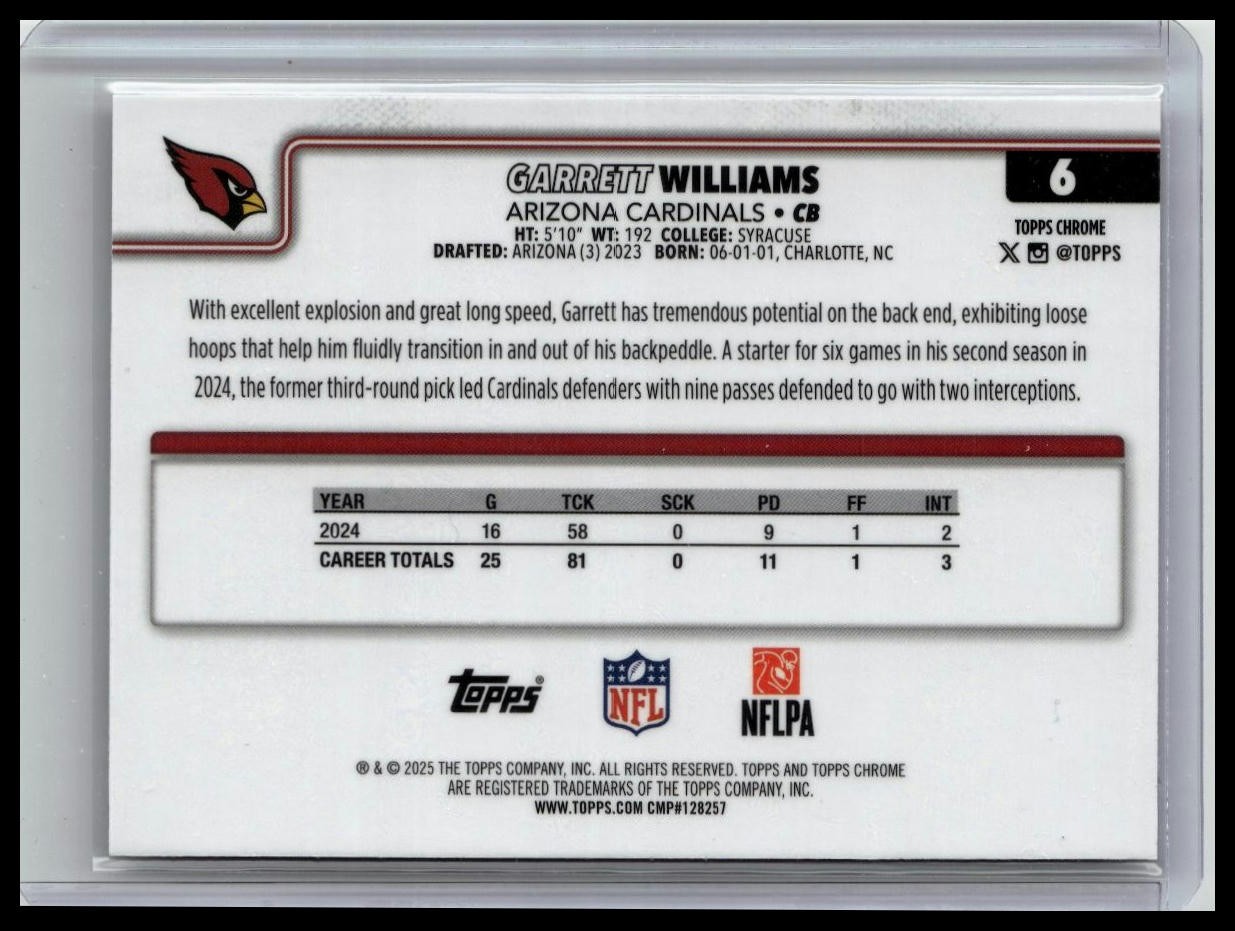 2025 Topps Chrome #6 Garrett Williams Pulsar Refractor