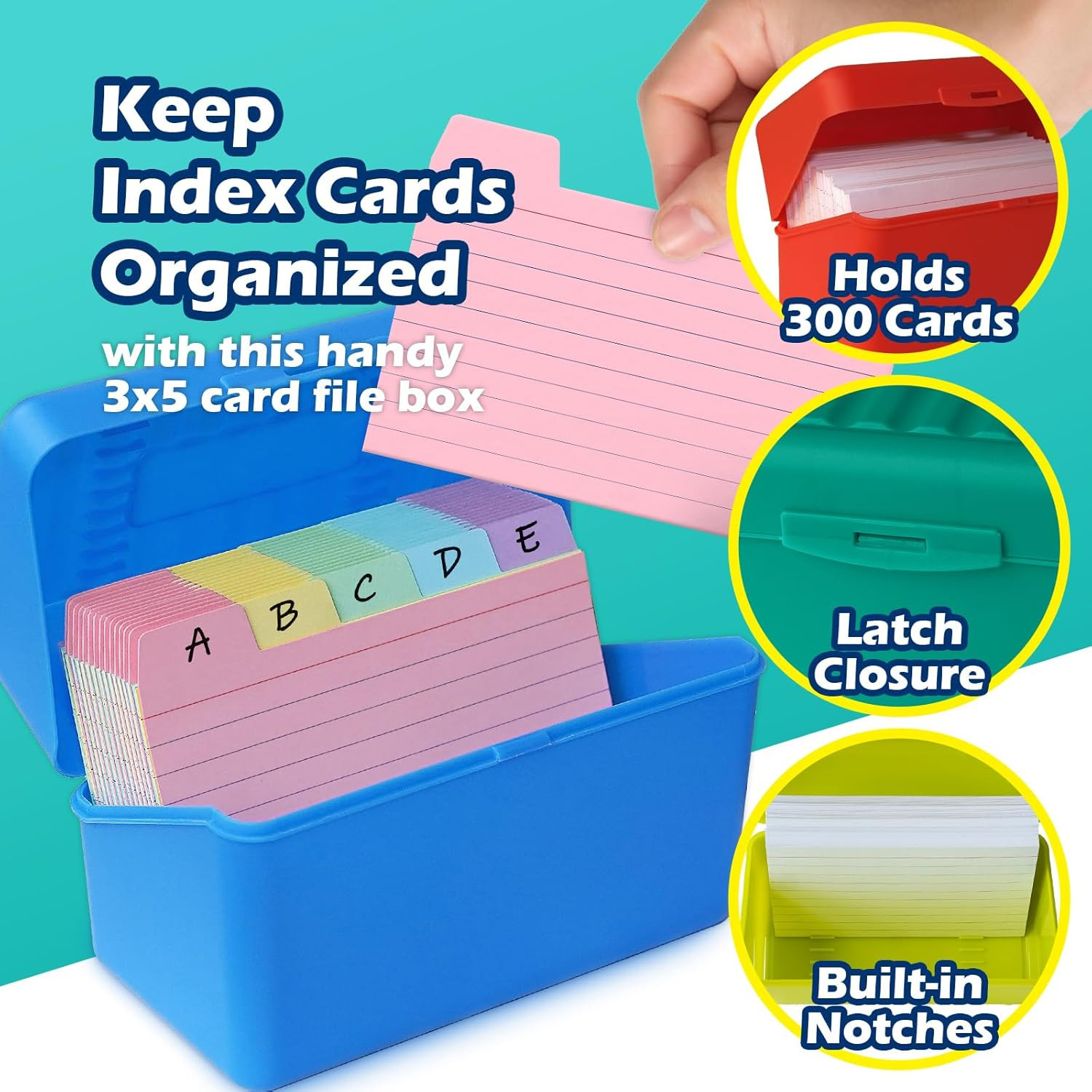3X5 Index Card Holder Box with 100 Cards Dividers Tabs 3″X 5″, Teal