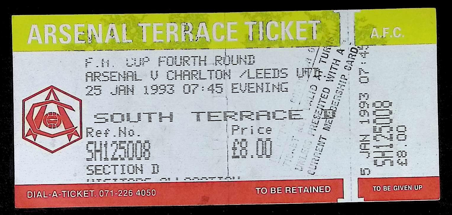 Arsenal v Leeds United 1992-1993 FA Cup Ticket 25/01/1993