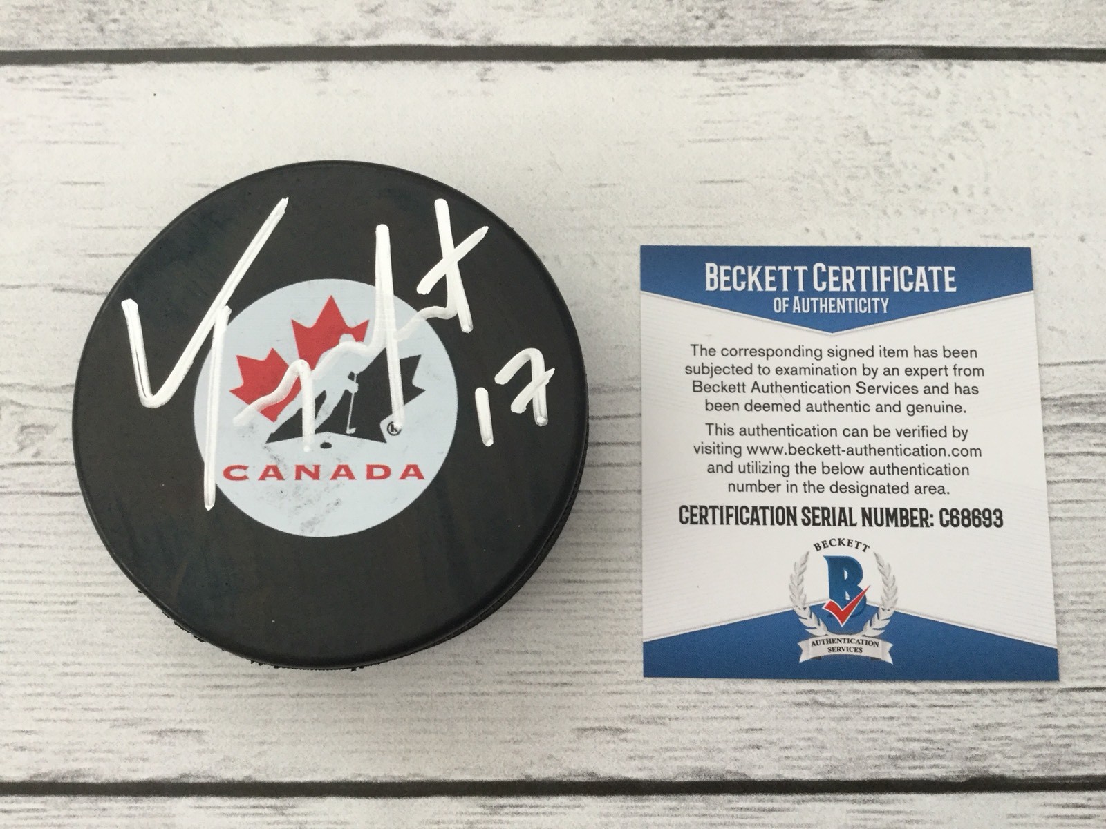 Tyson Jost Signed Autographed Canada Hockey Puck Beckett BAS COA Avalanche Avs a