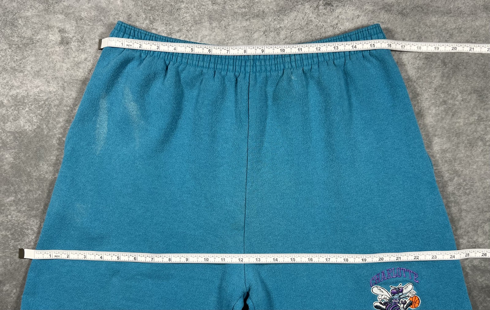 Vintage Charlotte Hornets Teal Fleece Shorts Size XL Made in USA 90s NBA Logo 7