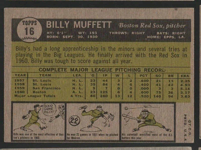1961 Topps Billy Muffett #16 Boston Red Sox free shipping