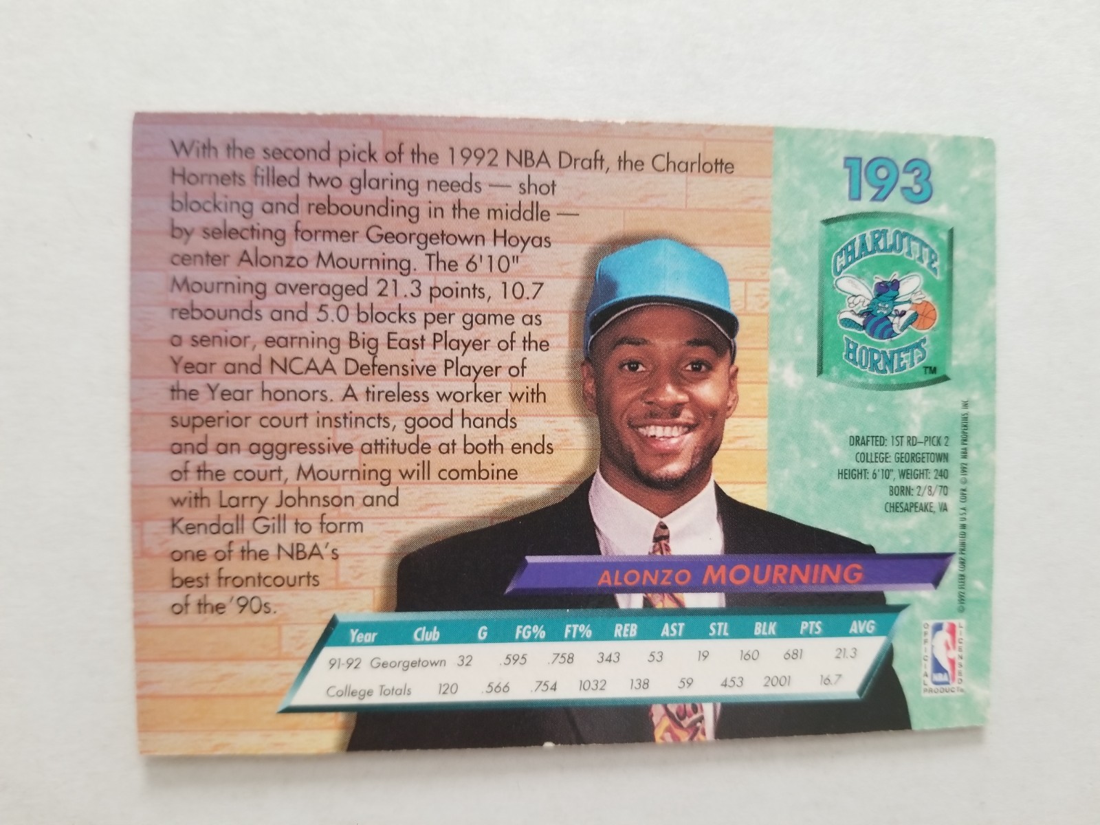 1992-93 Fleer Ultra – Alonzo Mourning #193 (RC)