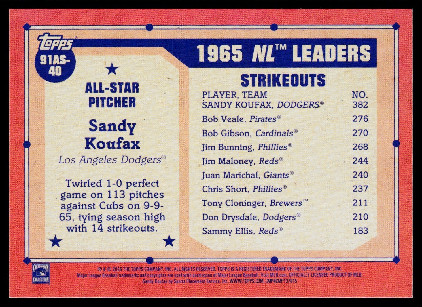 2026 Topps 75 Years Of Baseball Sandy Koufax Los Angeles Dodgers #91A-SK