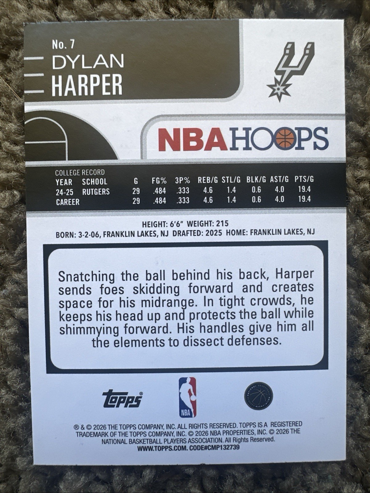 2026 Topps NBA Hoops Dylan Harper RC #7 Blue Serial /199 San Antonio Spurs
