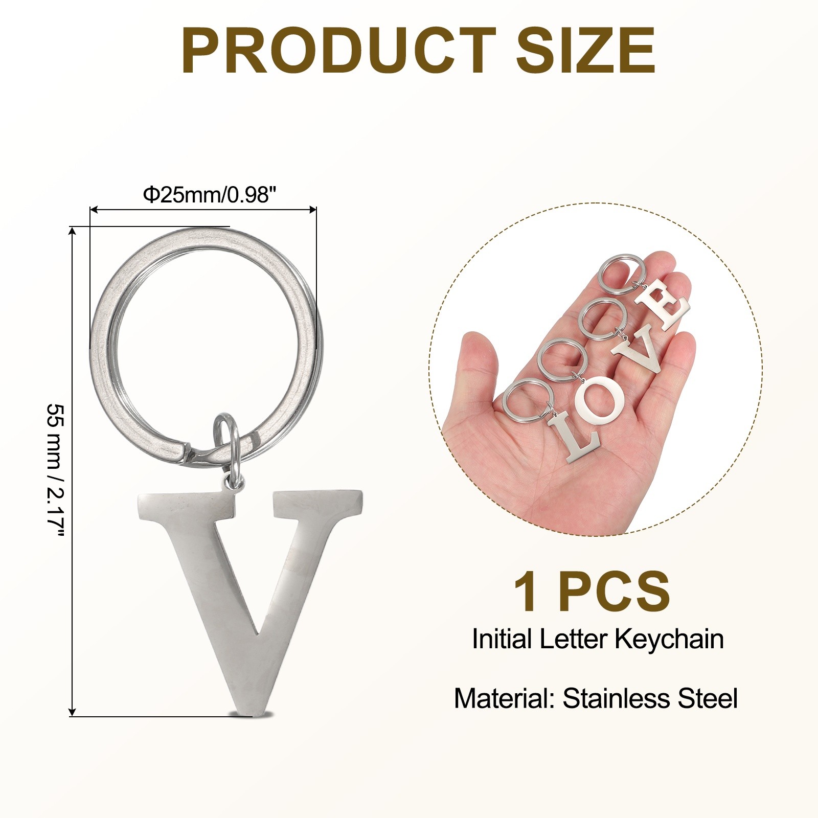 Initial Letter Keychain, Men Women A-Z Key Ring, Silver (Letter V)