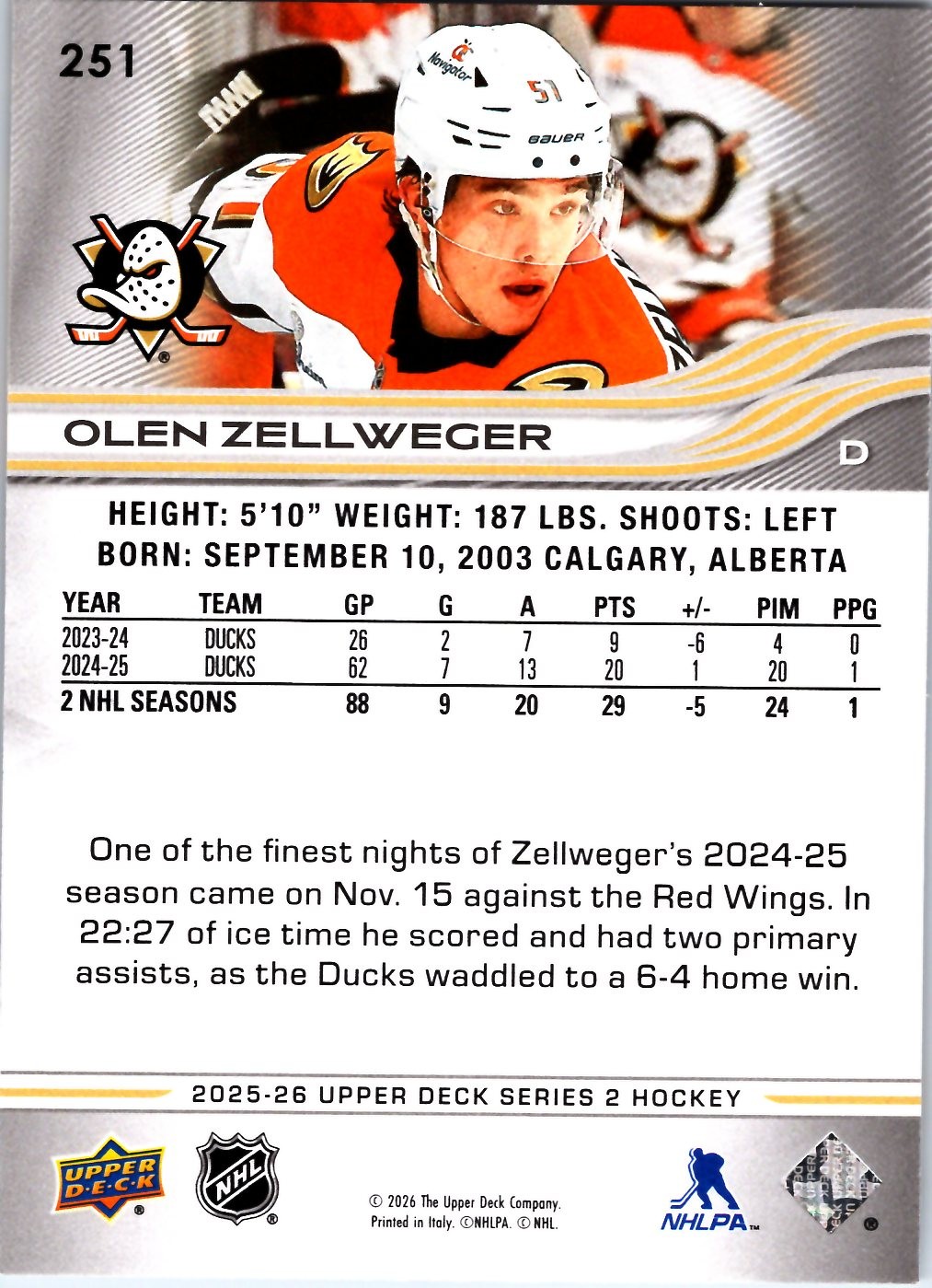 2025-26 Upper Deck #251 Olen Zellweger