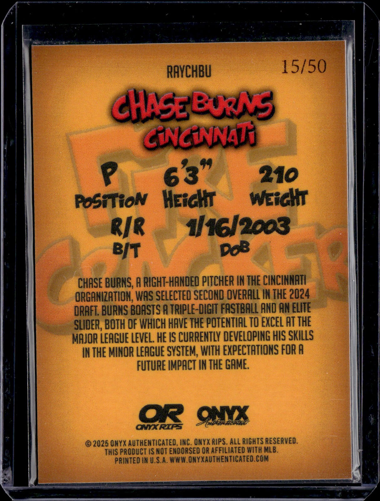 2025 Onyx Rips #RAYCHBU Chase Burns Nickname Comic Yellow Ice 15/50