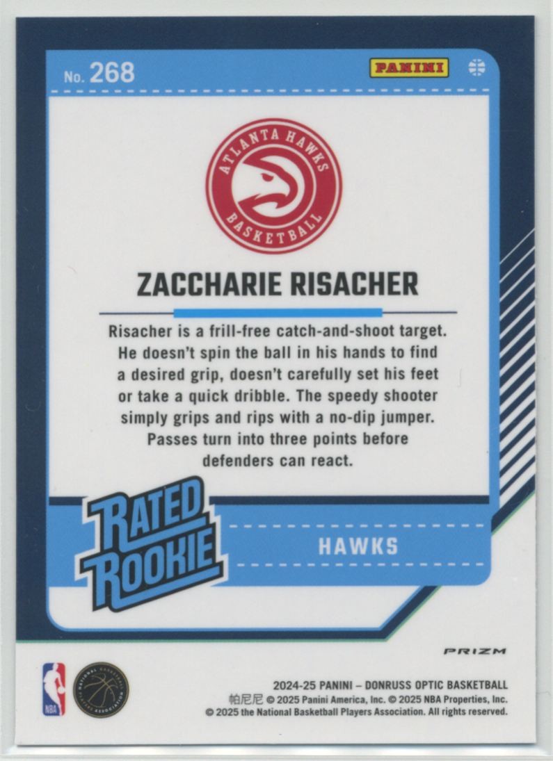 Zaccharie Risacher 2024-25 Donruss Optic Purple Holo Prizm RC Rated Rookie #268