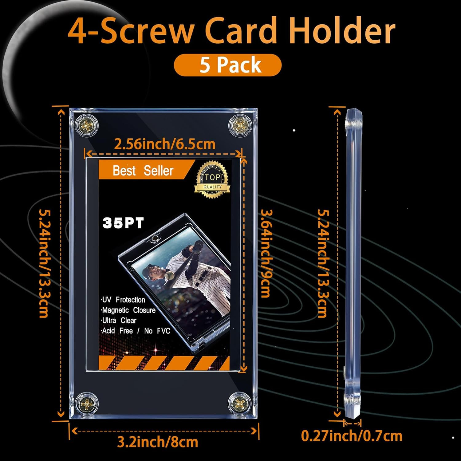 5-Pack 4-Screw Trading Card Protectors, 35 Pt Acrylic Holders for Sports Cards