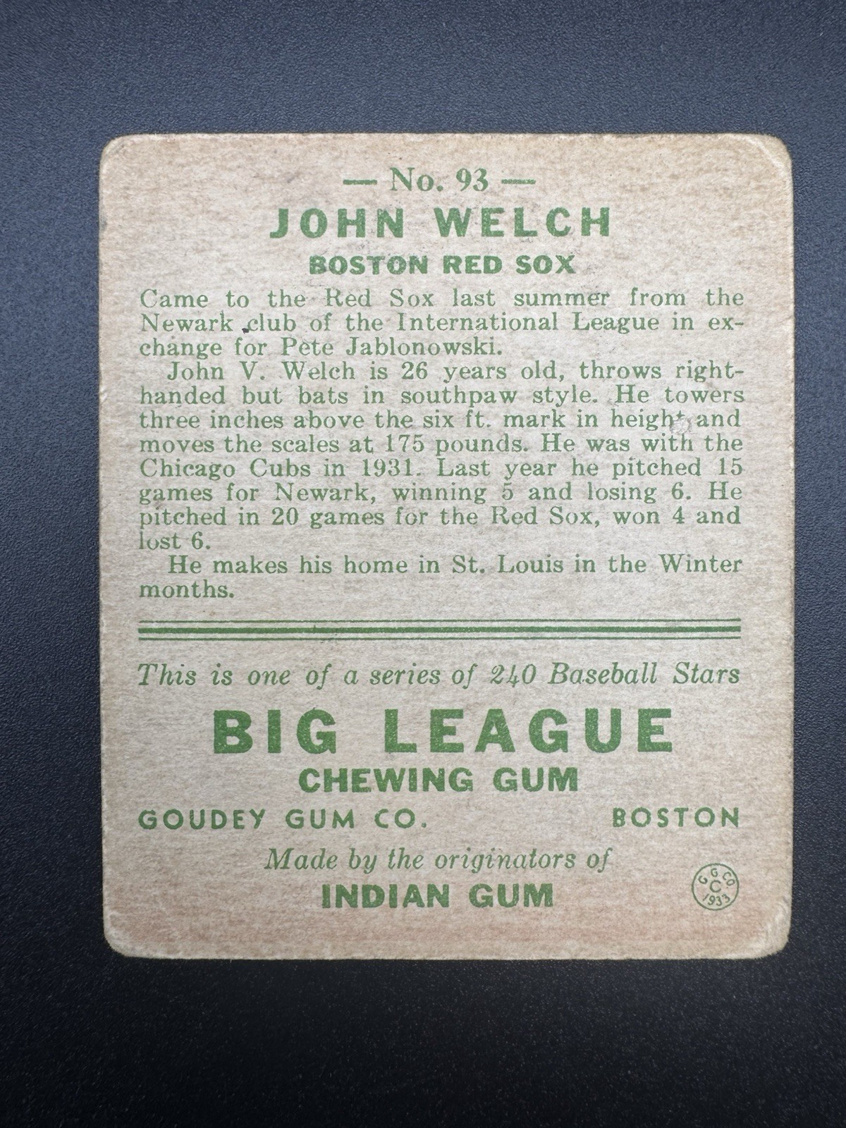 1933 Goudey John Welch 93 Boston Red Sox RC VG Baseball Card