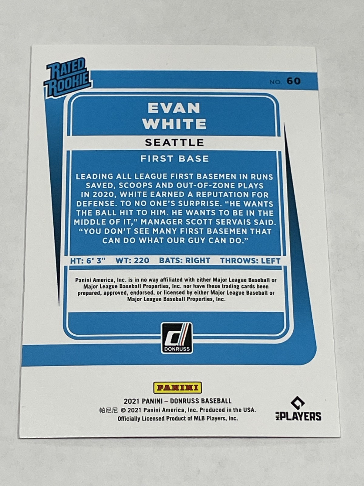 2021 Donruss Baseball Holo Red #60 – Evan White RC – Seattle Mariners