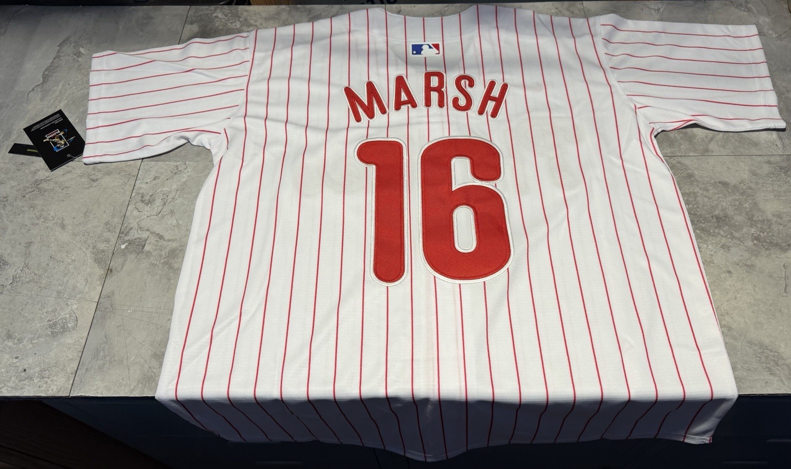 NWT Men’s Small Philadelphia Phillies Brandon Marsh White W/ Pin Stripes Jersey