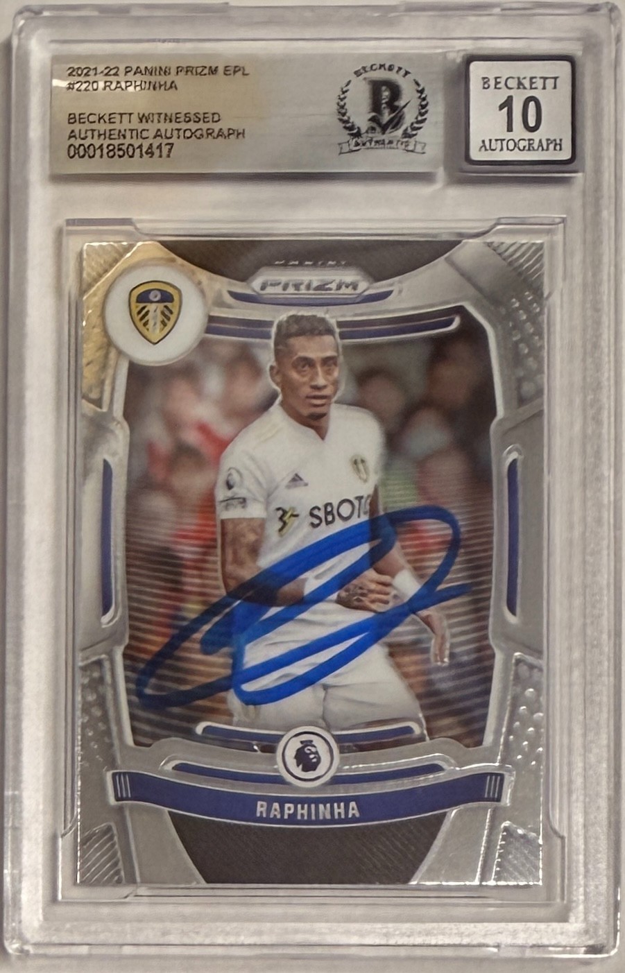 2021-22 Panini Prizm EPL #220 Raphinha Signed Leeds Beckett Witness AUTO 10