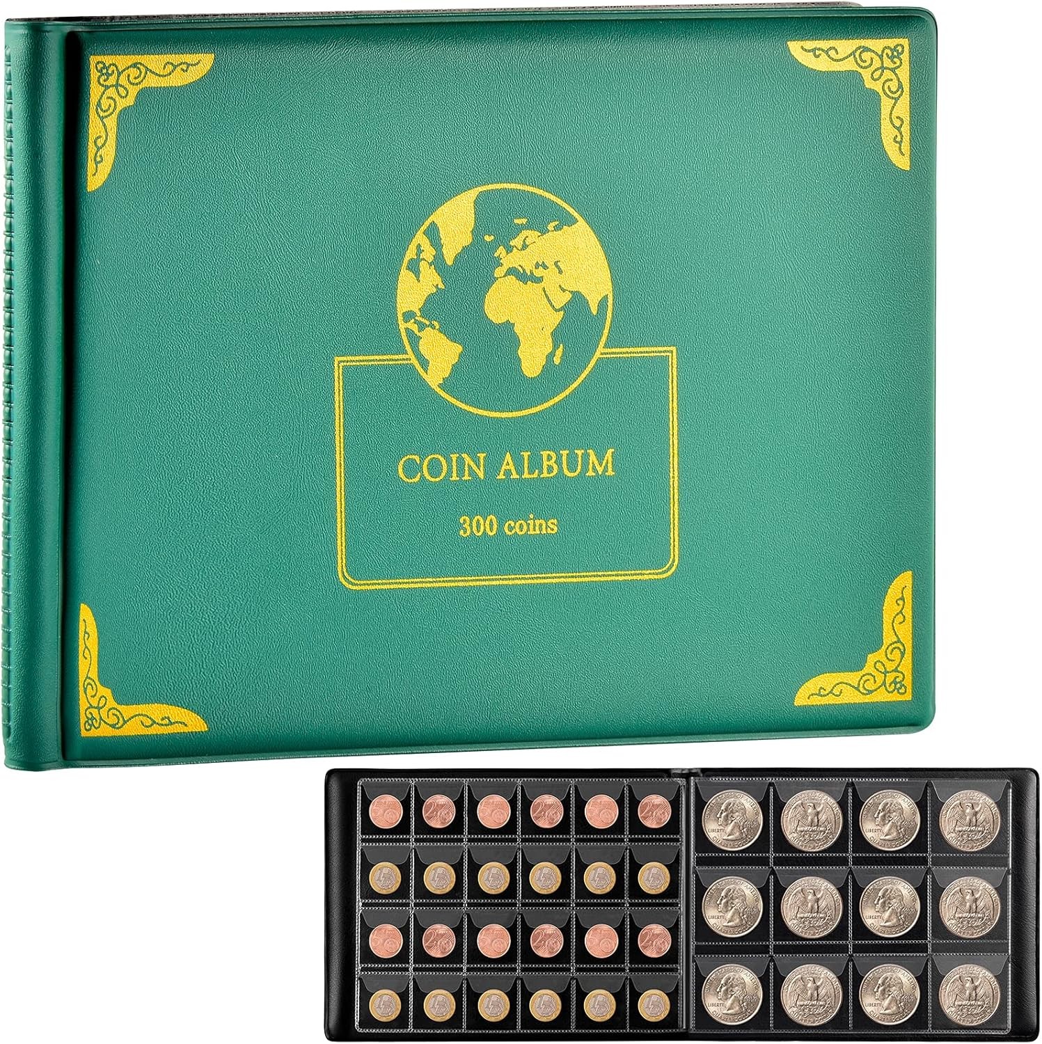 Coin Collection Supplies Holder Book for Collectors, 300 12×12 inches, green