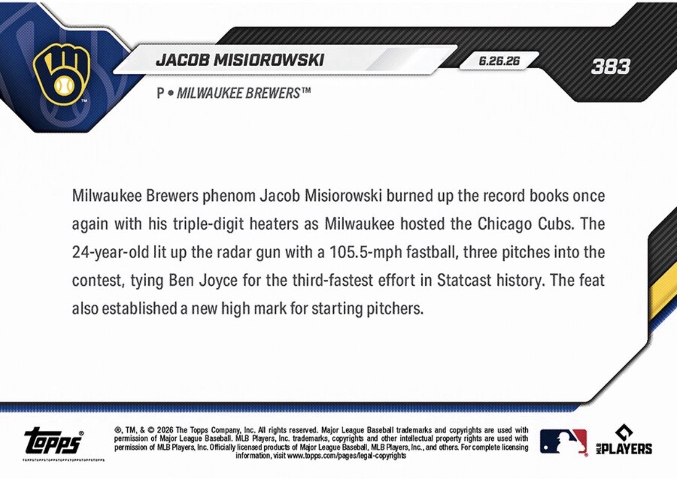 Jacob Misiorowski RC Record 105.5 MPH 2026 MLB Topps NOW Card 383 Presale