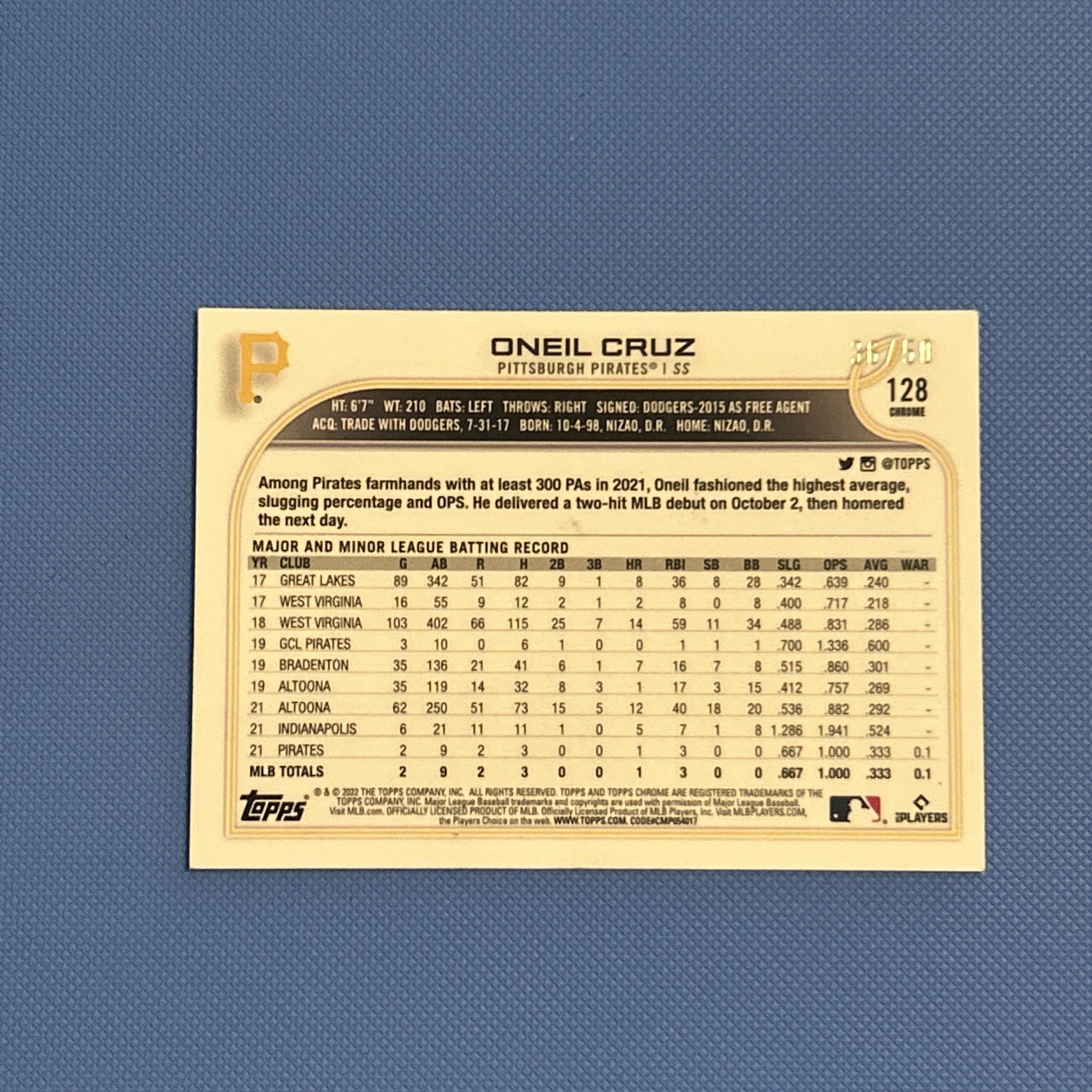 2022 Topps Chrome -Image Variation Oneil Cruz Gold Speckle Refractor /50 RC 128