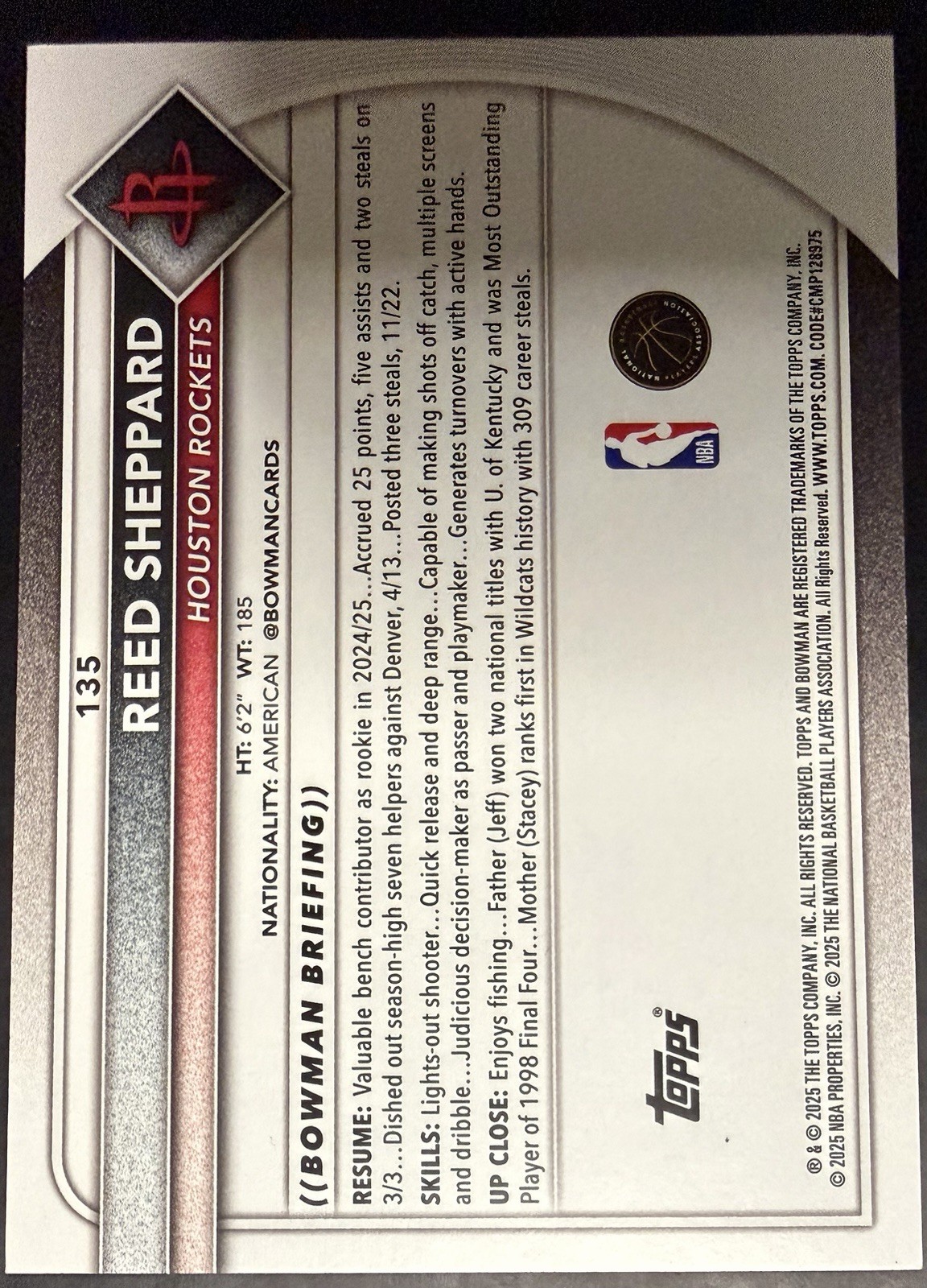 2025-26 Topps Bowman Reed Sheppard Houston Rockets 98/175