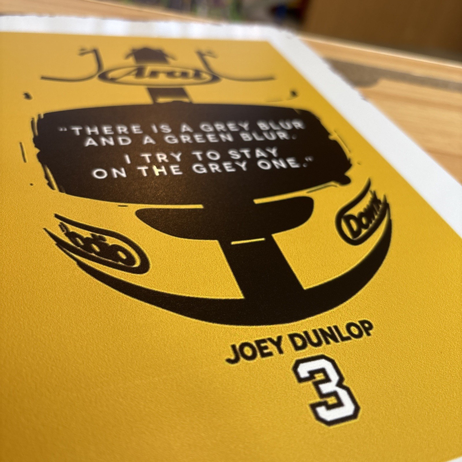 Joey Dunlop Yellow Arai Slogan Metal Distressed Rectangular Sign 20 X 30 Cms