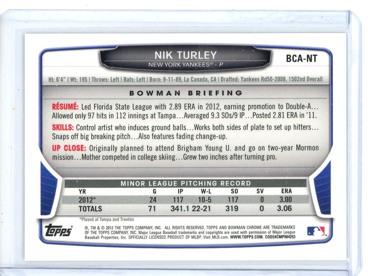 Nik Turley Prospects Autographs 2013 Bowman Chrome #BCA-NT