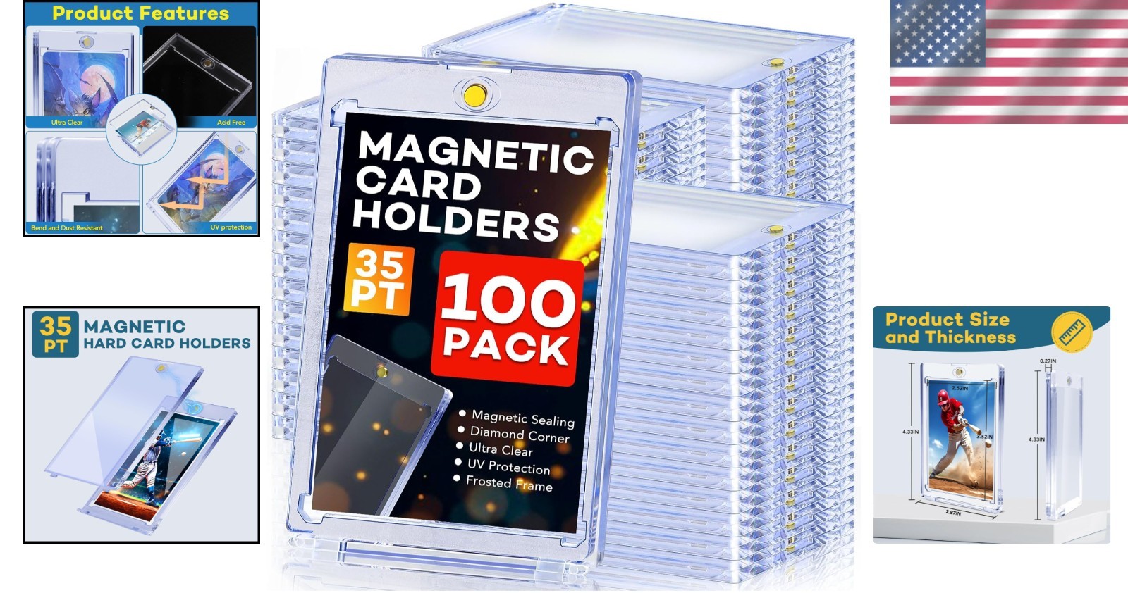 100ct Acrylic Magnetic Card Holders UV Protection Display Cases for Sports Cards