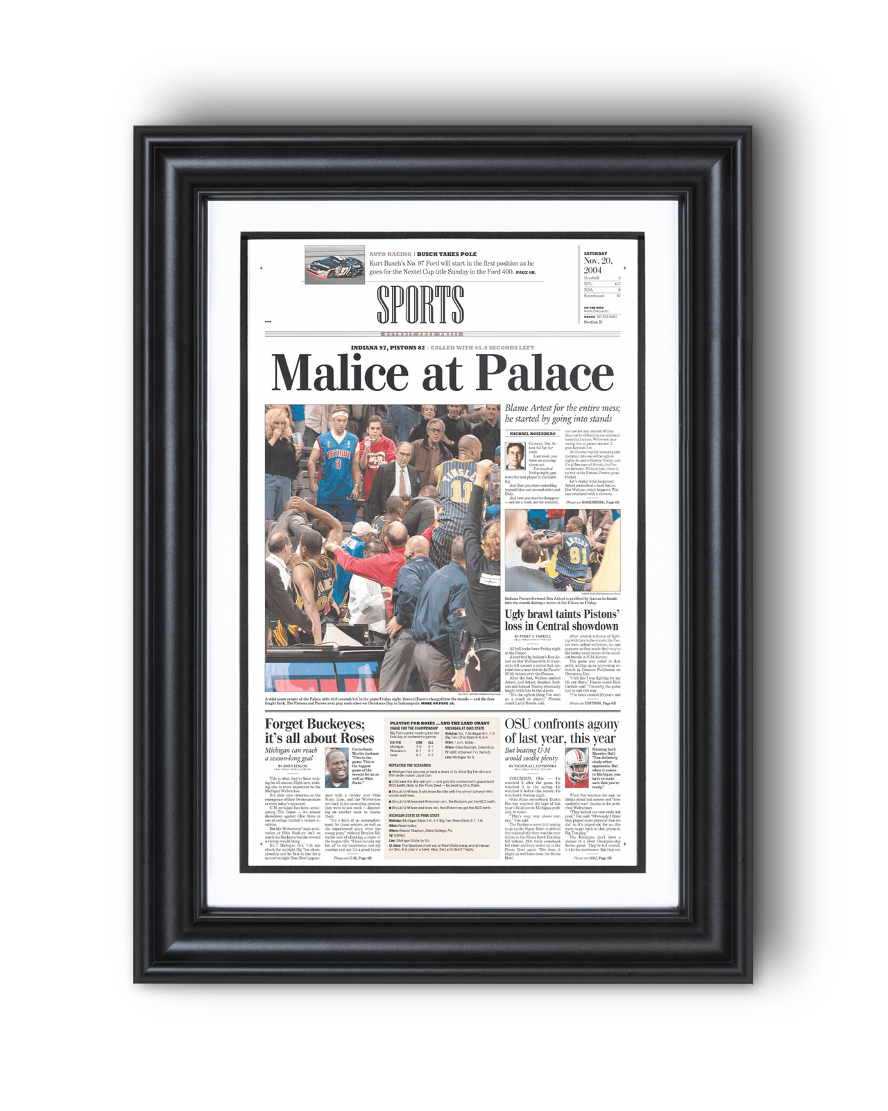 2004 Malice at the Palace Pacers vs. Pistons Brawl Framed Newspaper:
