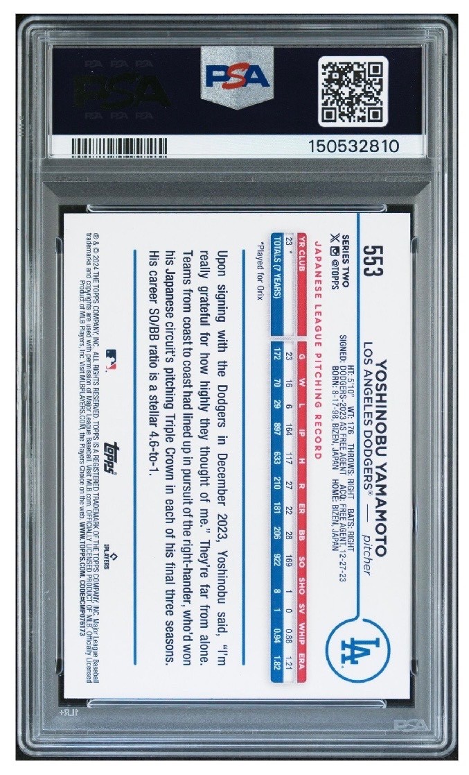 2024 TOPPS 582 MONTGOMERY CLUB YOSHINOBU YAMAMOTO ROOKIE #553 PSA 10 GEM MINT RC