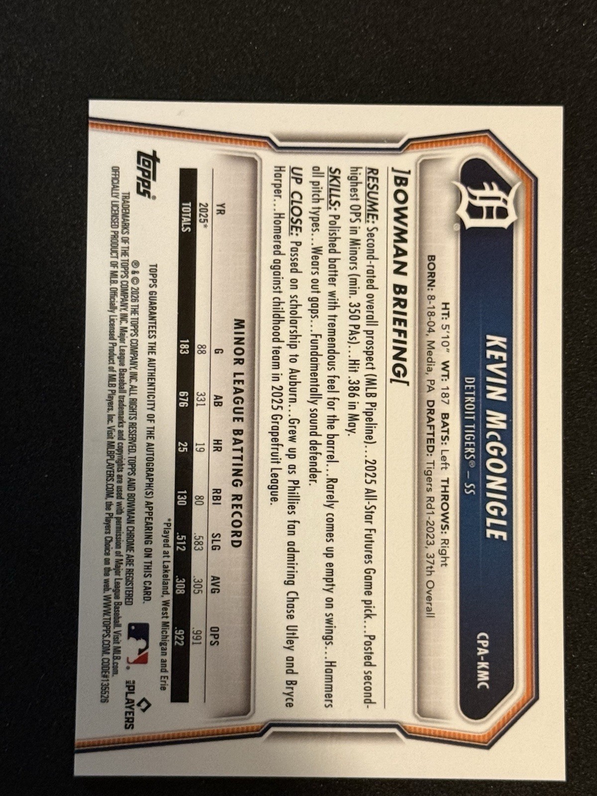 2026 Bowman Chrome Kevin McGonigle Tigers Purple Refractor Auto /250 Detroit