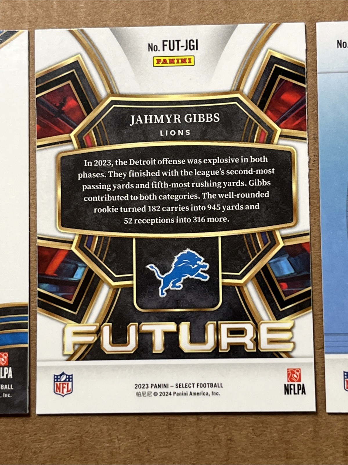 Jahmyr Gibbs 2023 Select Numbers, Future & Select Certified Football Cards.