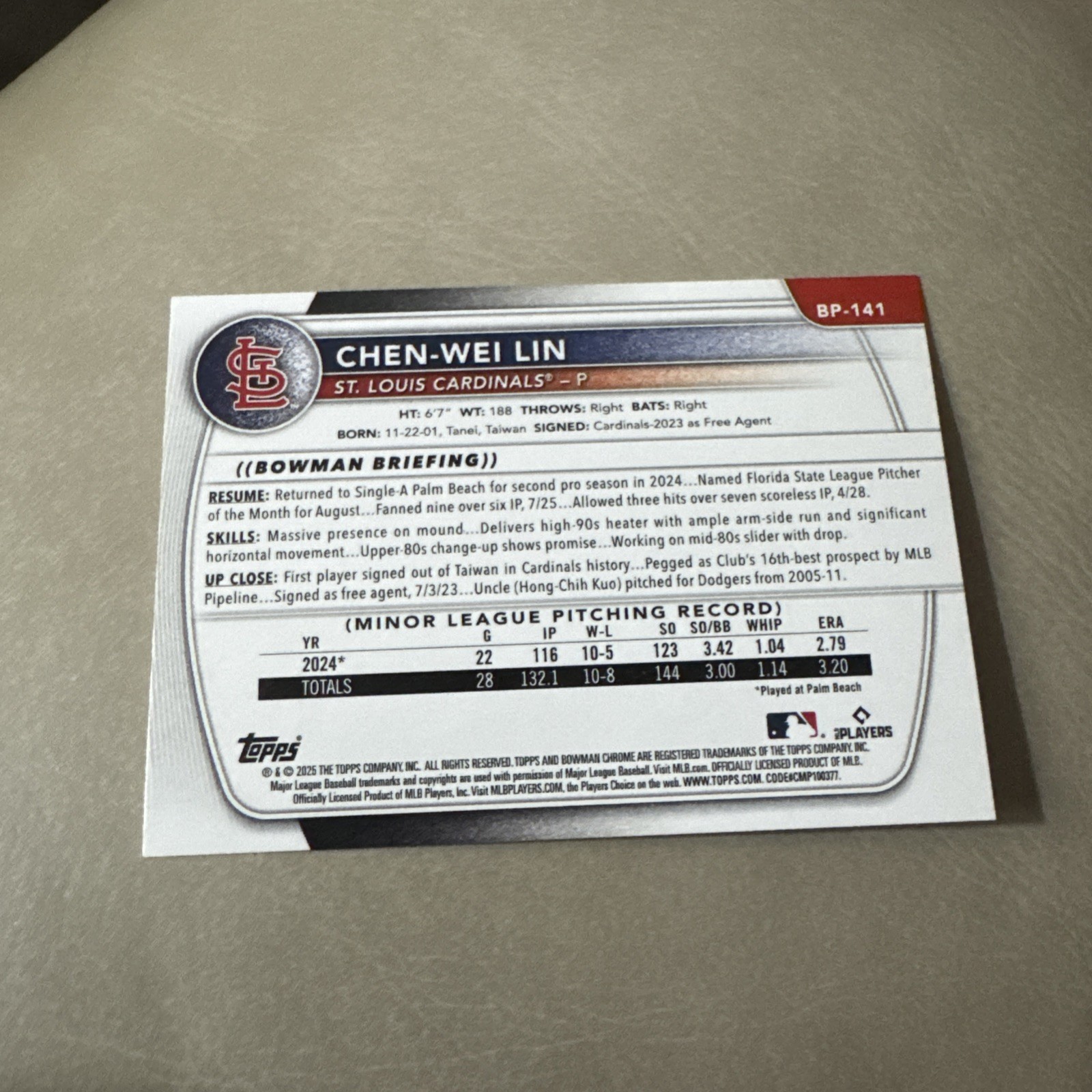 2025 Bowman #BP-141 Chen-Wei Lin Prospects St. Louis Cardinals 1st RC