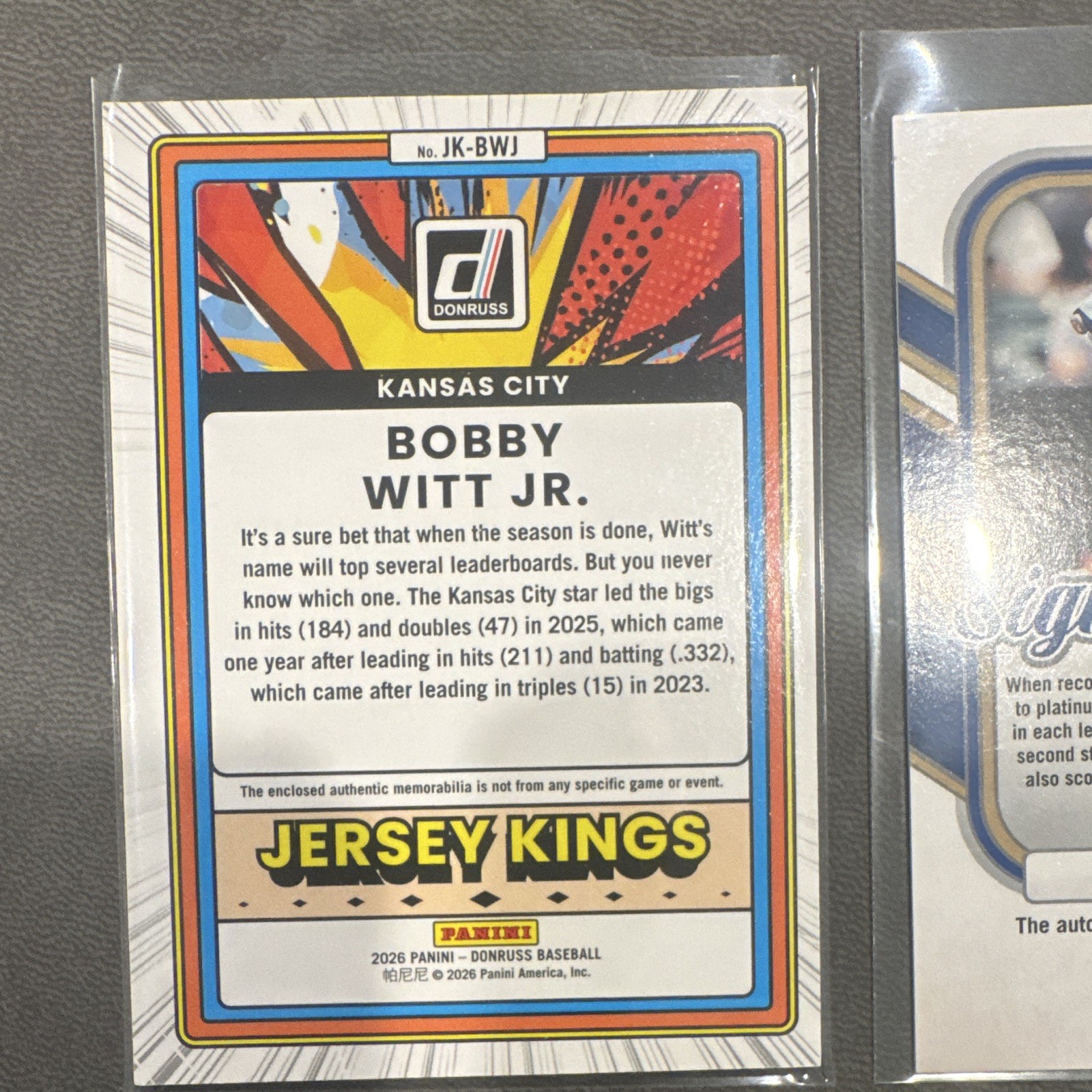 Panini 2026 Donruss Bobby Witt Jr 2-Card Lot: SS-BWJ Auto /75 + JK-BWJ Relic
