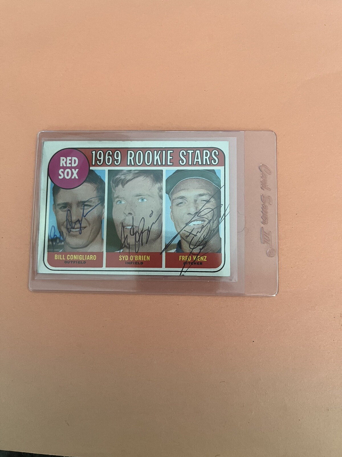 1969 Topps #628 Red Sox Rookies B. Conigliaro, S. O’Brien, F. Wenz Autographs.
