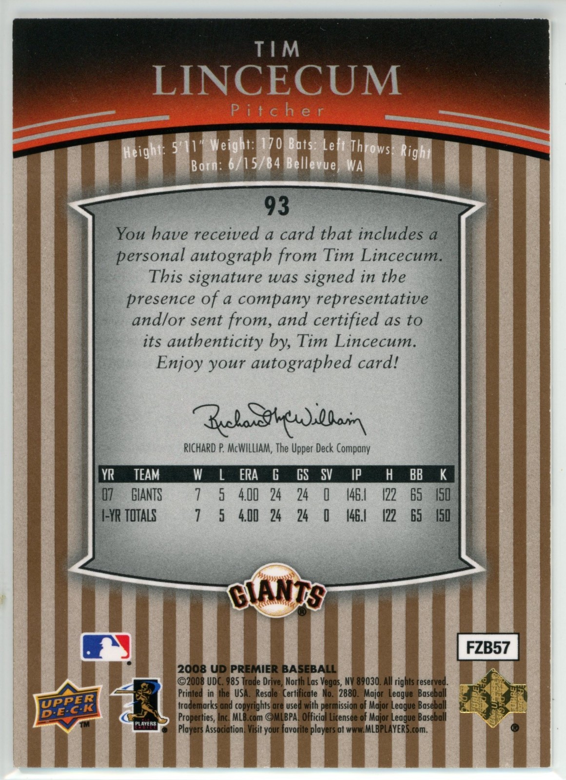2008 Upper Deck Premier #93 Tim Lincecum Autograph /25 SF Giants Rare Auto SP