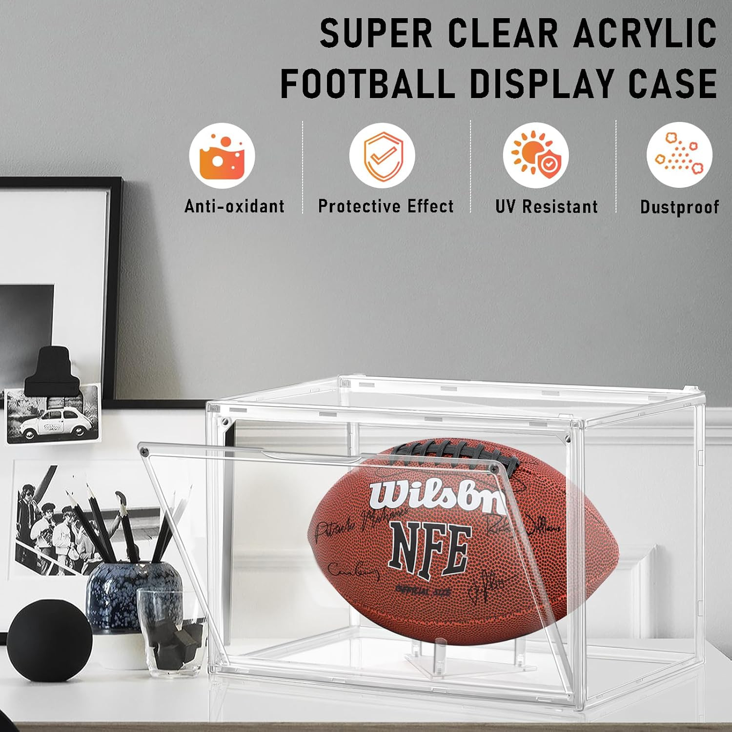 2 Pack Football Display Case, Acrylic Clear Football Case Full Size with Magnet