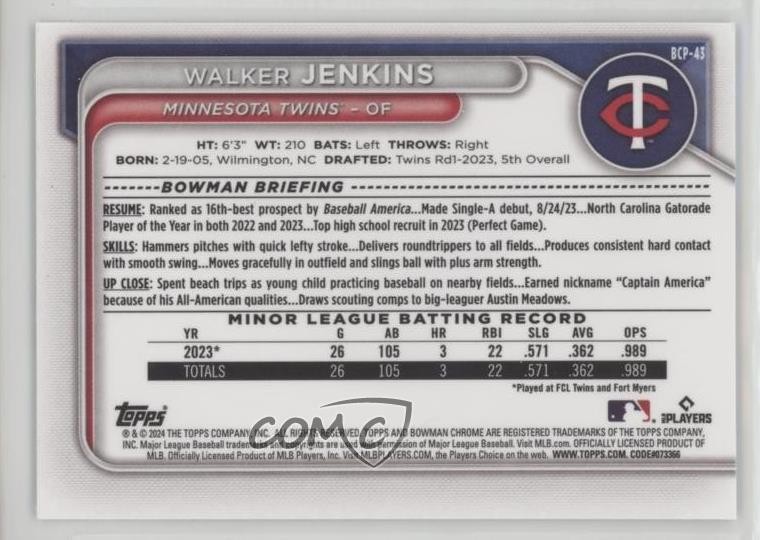 2024 Bowman Chrome Prospects Mega Box Mojo Refractor Walker Jenkins #BCP-43 1sr2